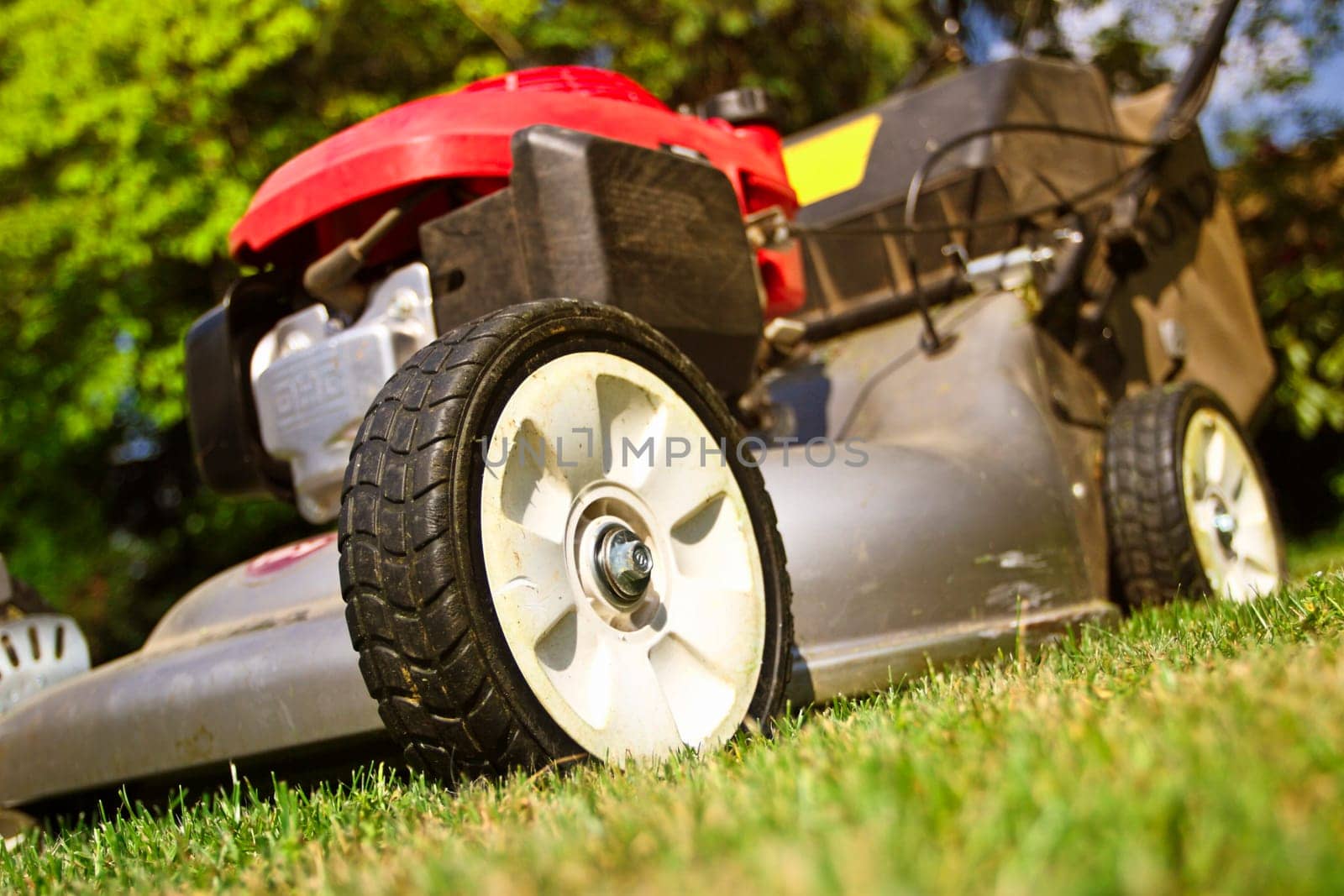 detail of classic Lawn Mower on green grass background