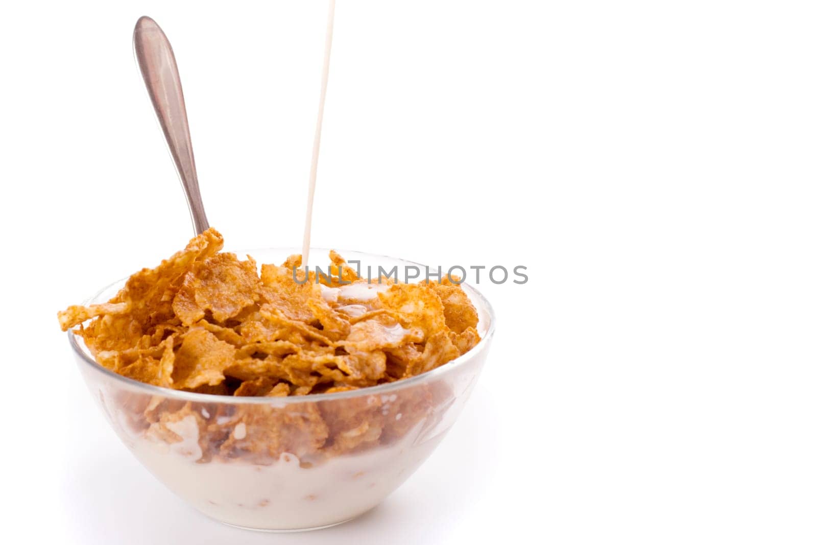milk pouring onto cornflakes isolated on white