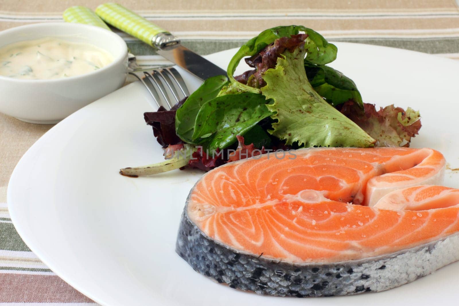 fresh salmon steak on white platter with salad