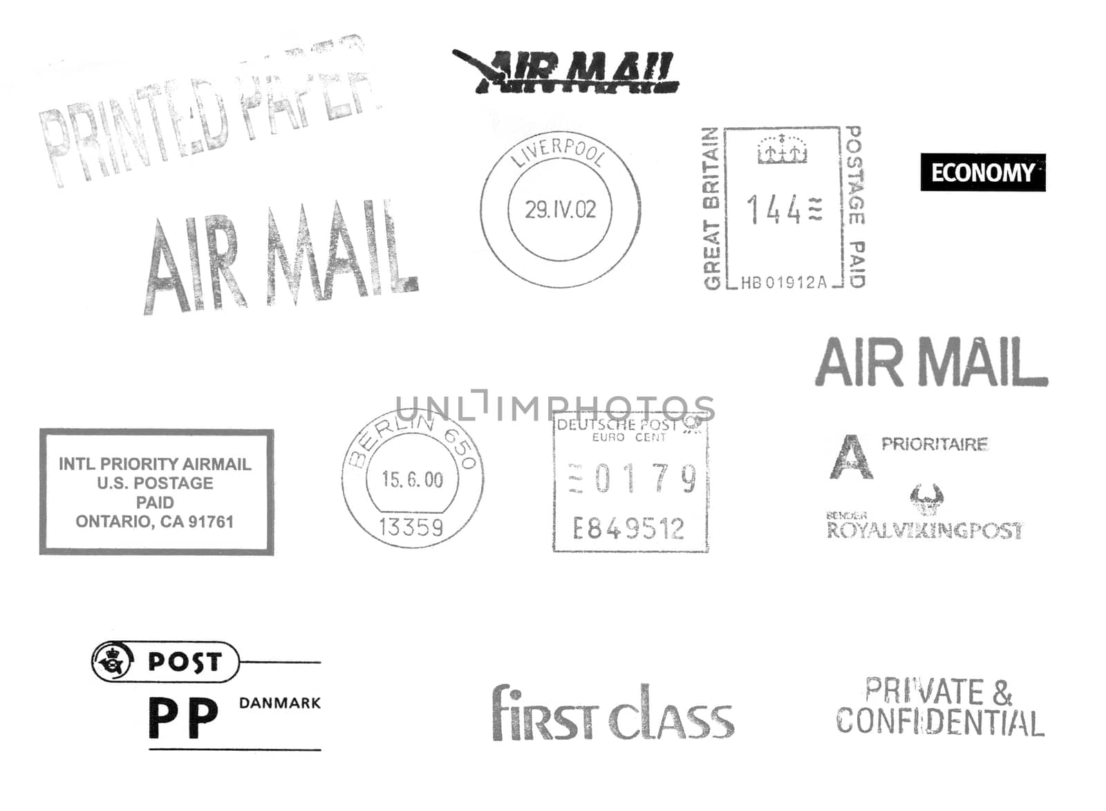 Postage meters, rubber stamps, mail labels isolated over white