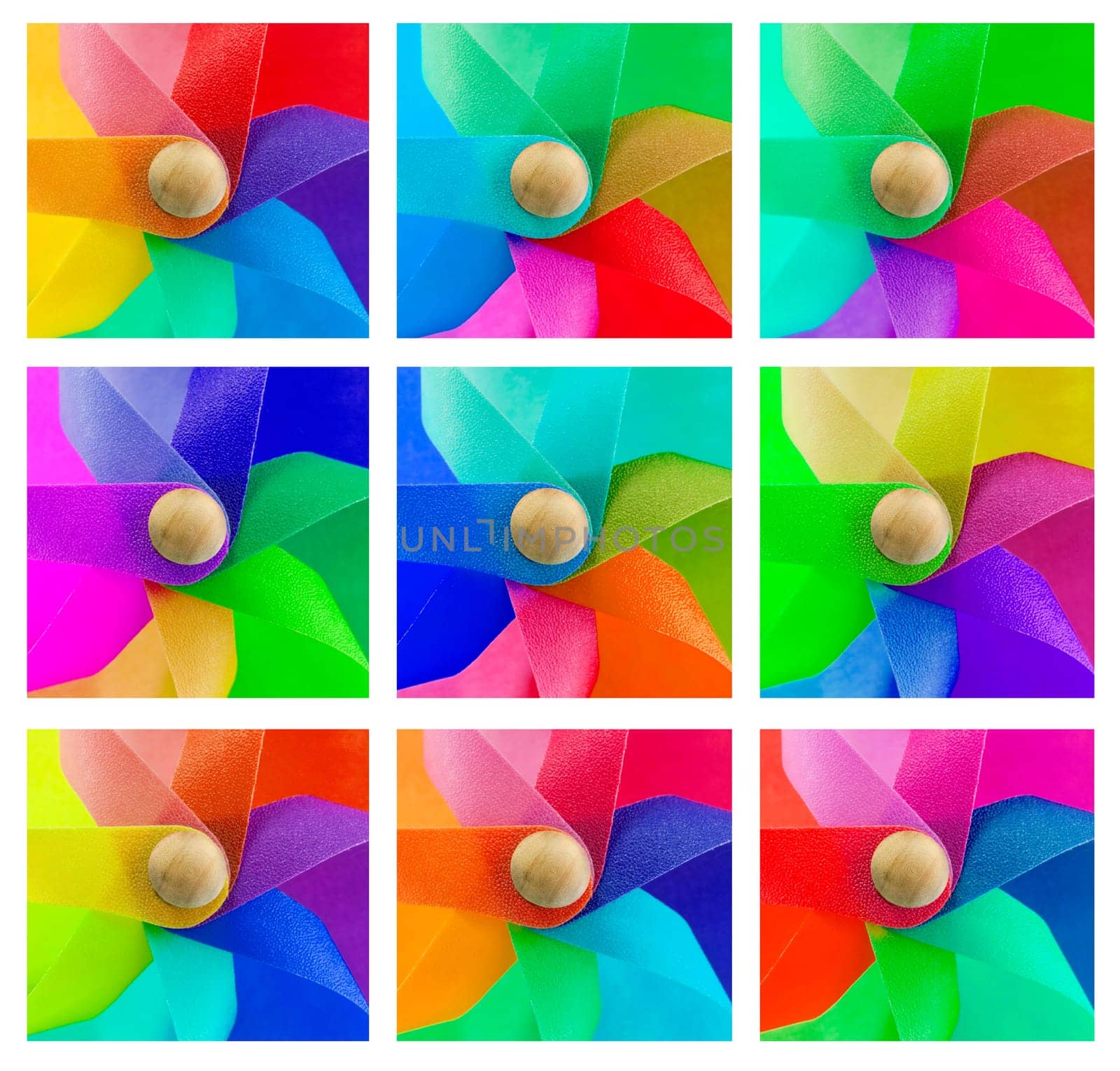 set of 9 coloured windmills forming abstract background