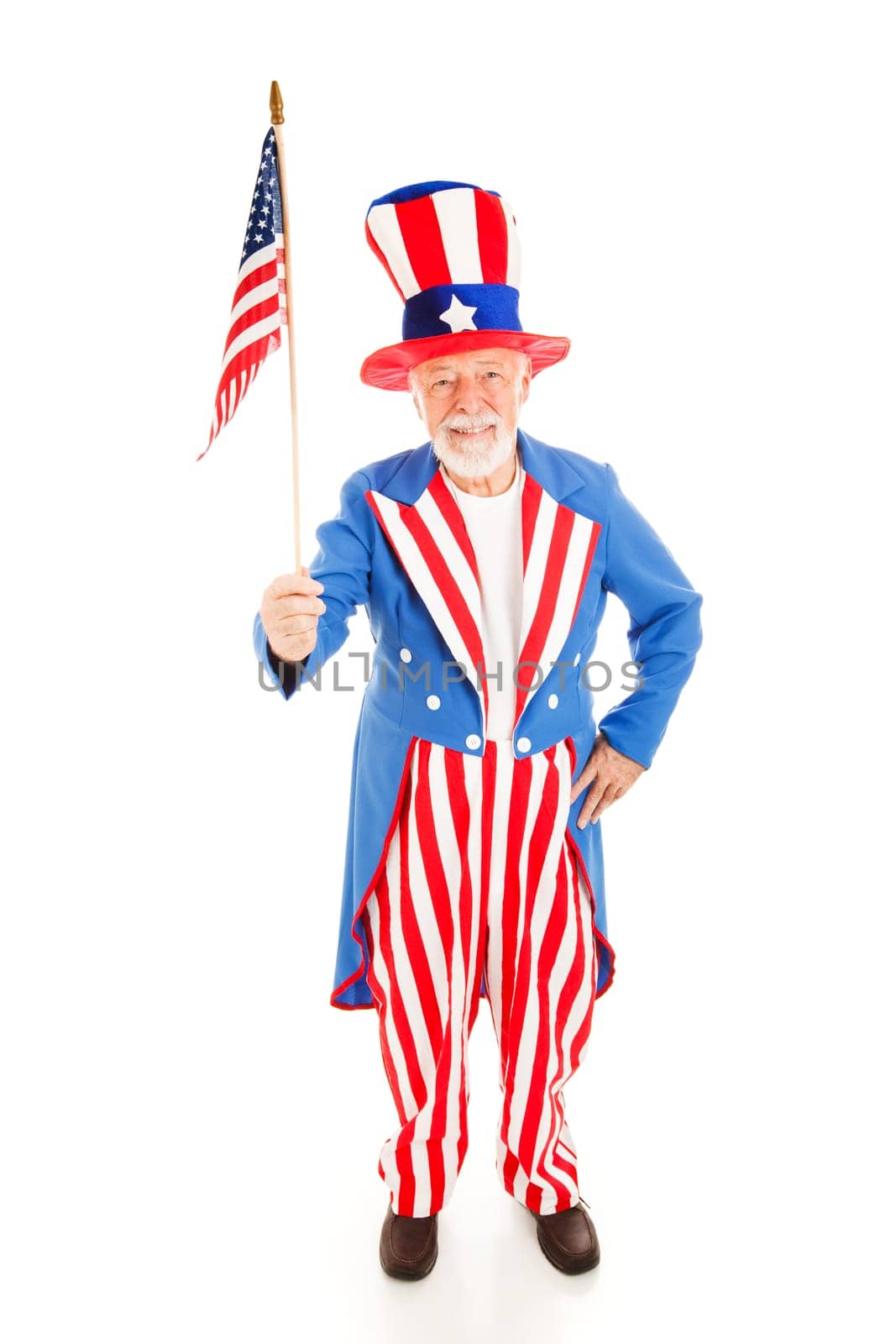 American icon Uncle Sam holding a US flag.  Full body isolated.