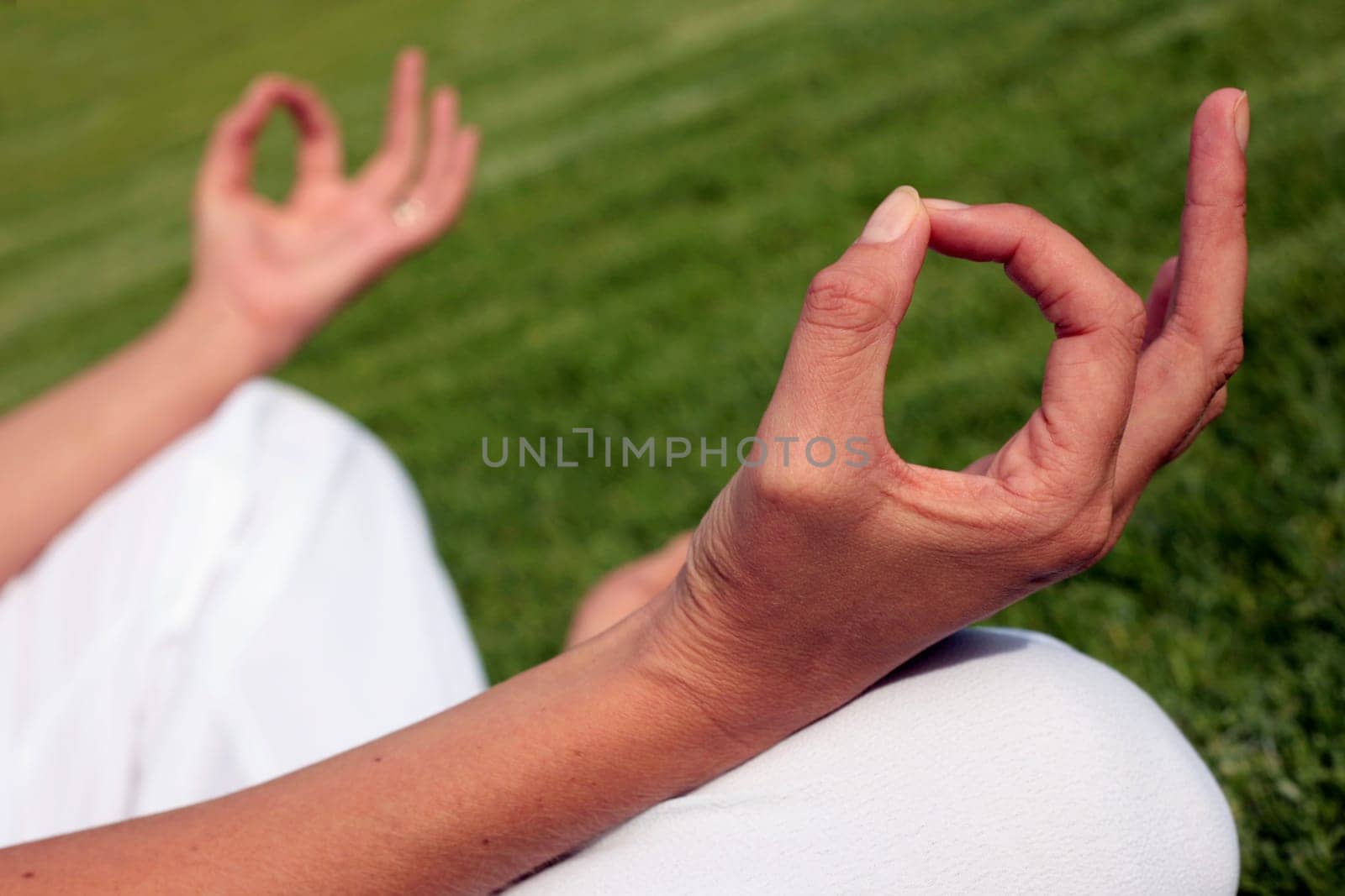 Womans hands in meditation pose on a nice green lawn