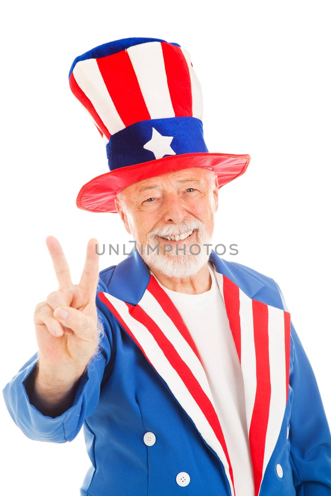 American icon Uncle Sam giving the peace sign.  Isolated.