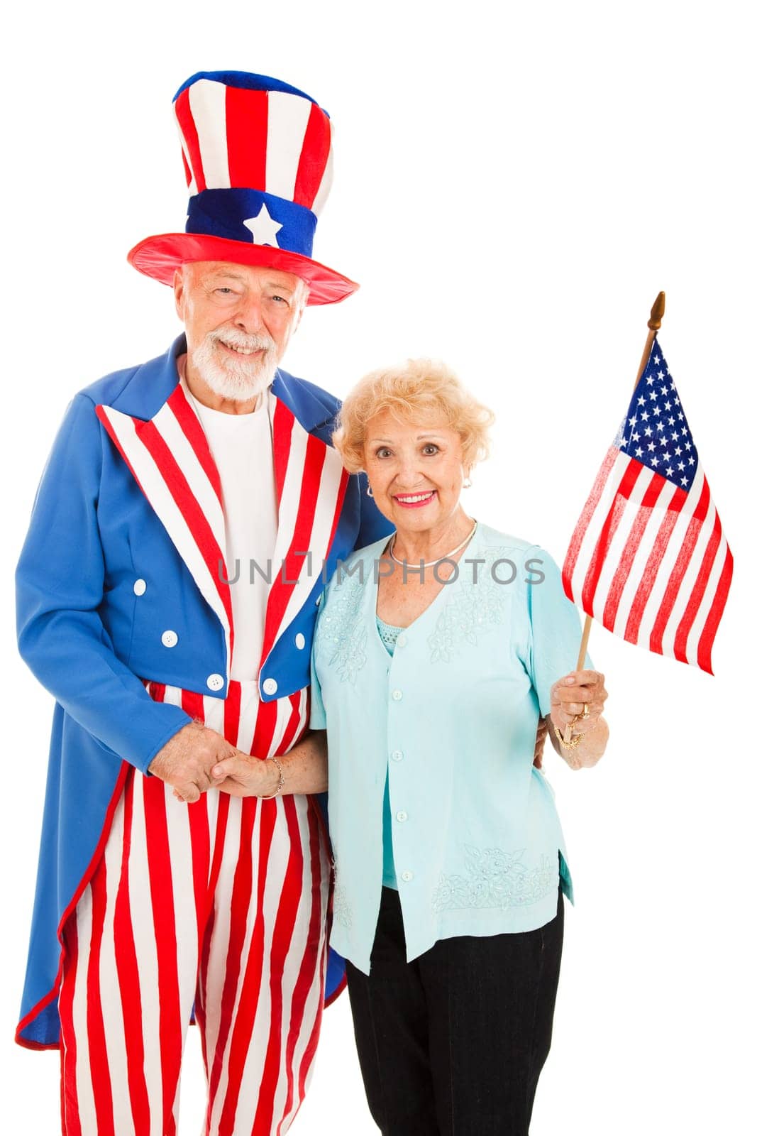 Pretty senior woman meets American icon Uncle Sam.  Isolated.