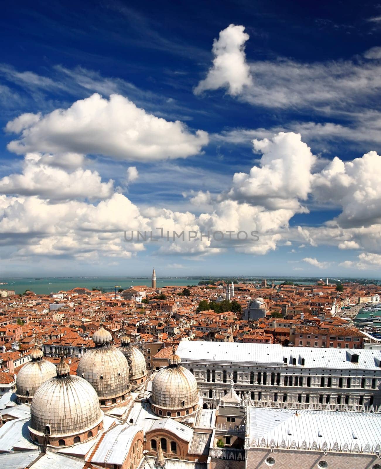 aerial view of Venice city from the top of the bell tower at the San Marco Square