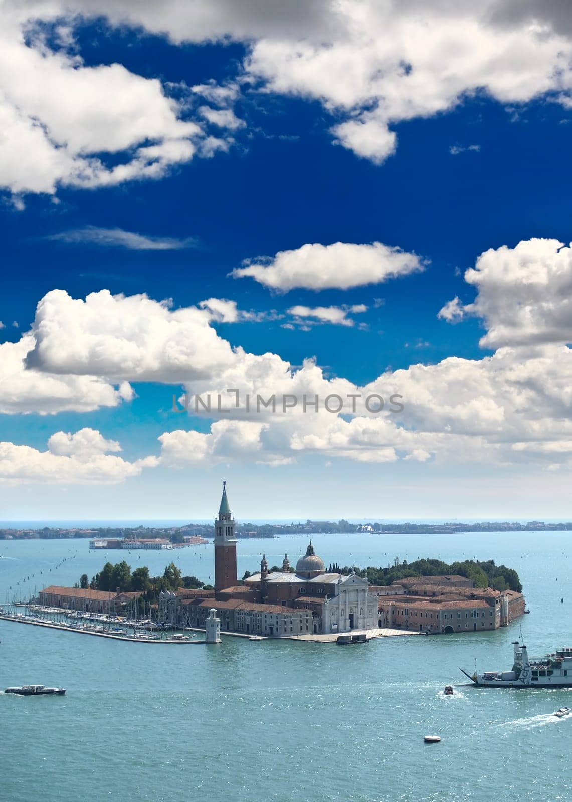 aerial view of island in Venice city from the top of the bell tower at the San Marco Square