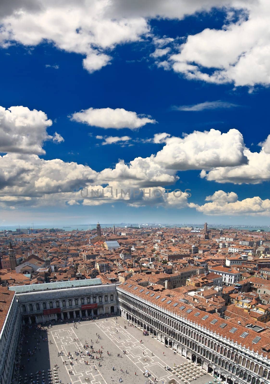 aerial view of Venice city from the top of the bell tower at the San Marco Square