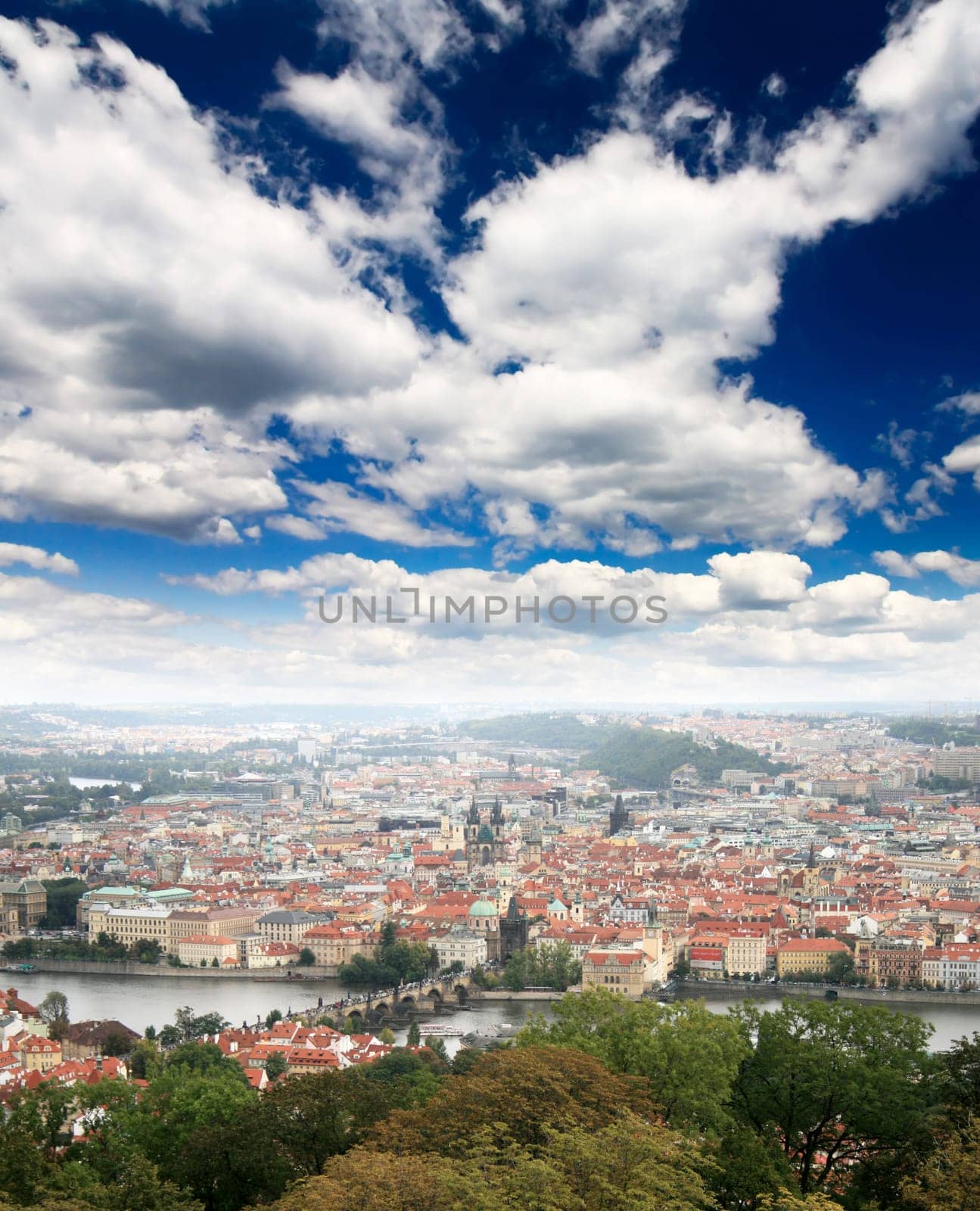 Aerial view of Prague City and river Vltava in Czech