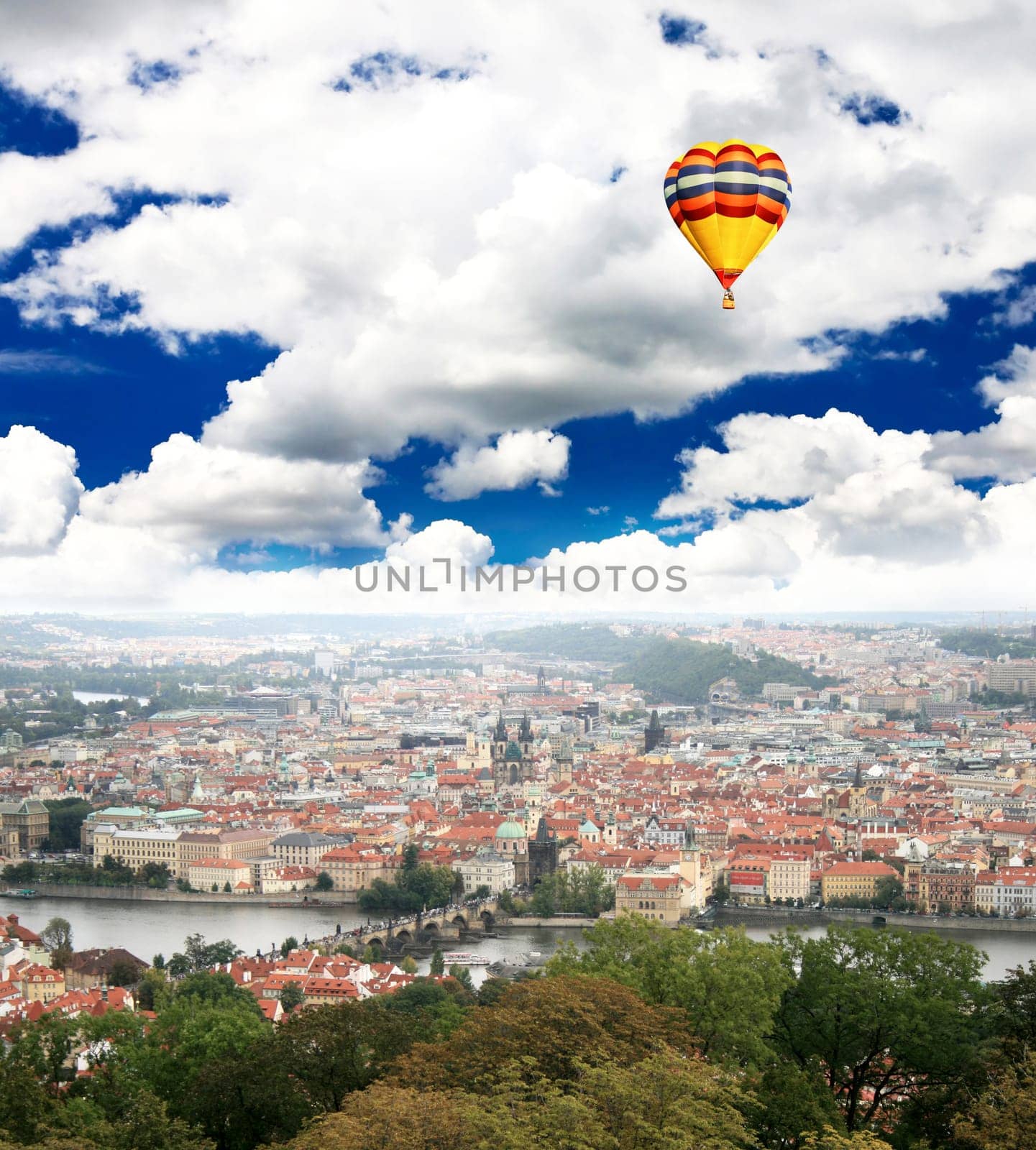 Aerial view of Prague City and river Vltava in Czech