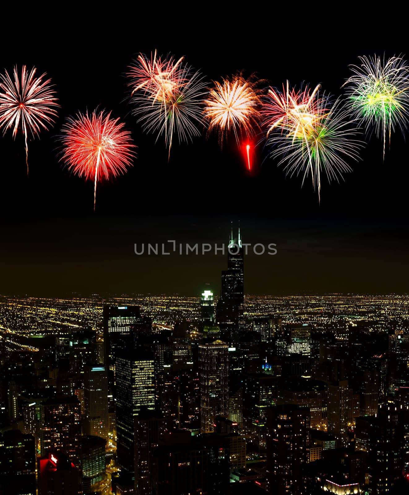 Aerial view of Chicago cityscape at night - with firework illustration