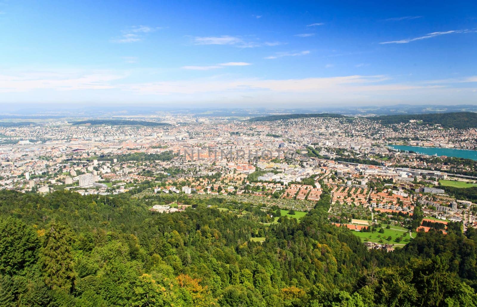 The aerial view of Zurich City from the top of Mount Uetliberg