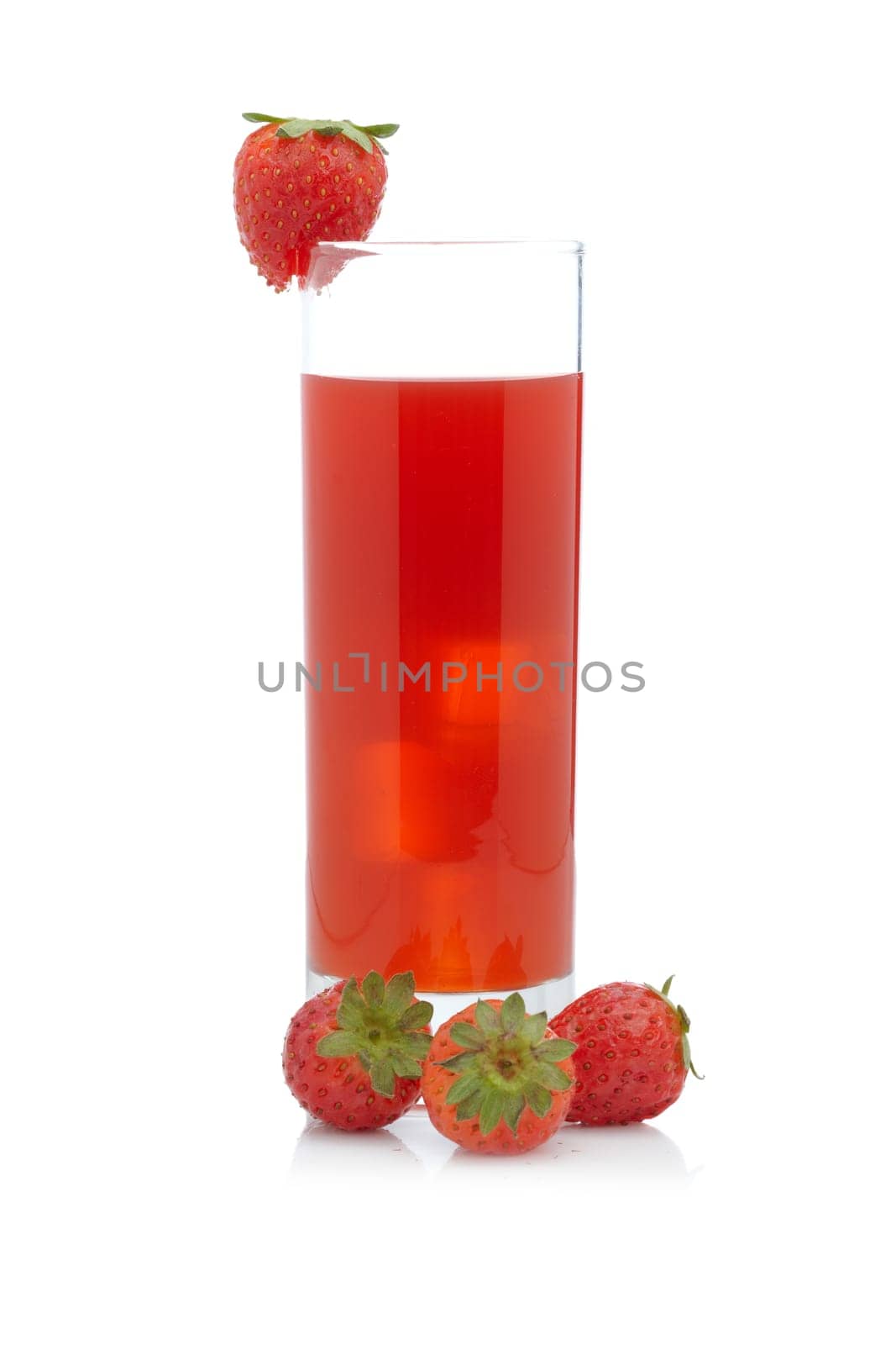 A glass of fresh strawberry juice reflected on white background