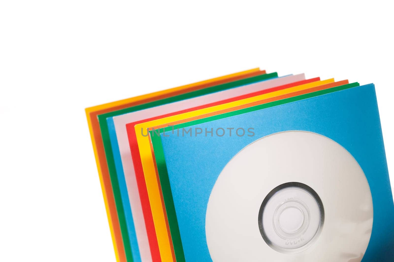 Multiple disc sleeves, standing on a clean background with a disc showing in the first window.