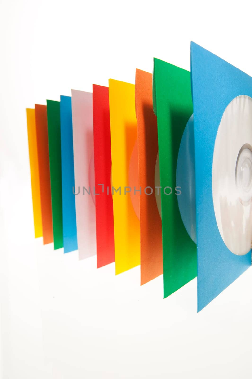 Multiple disc sleeves, standing on a clean background with a disc showing in the first window.