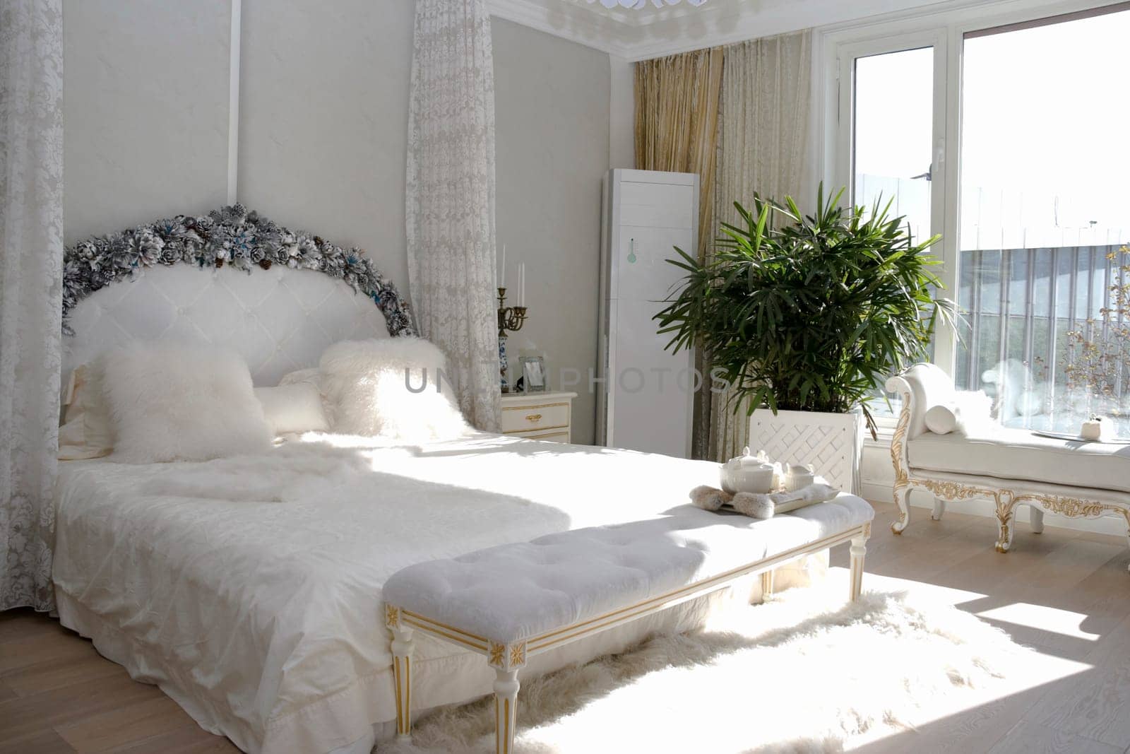 luxury interior of bedroom with large bed