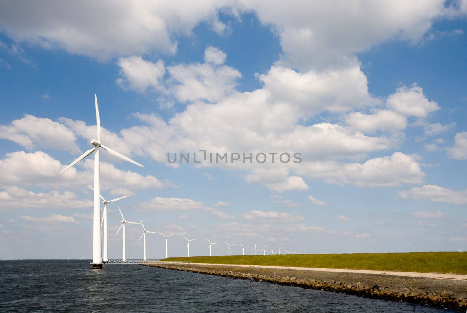 Wind turbines in the IJsselmeer near Lelystad in the Netherlands