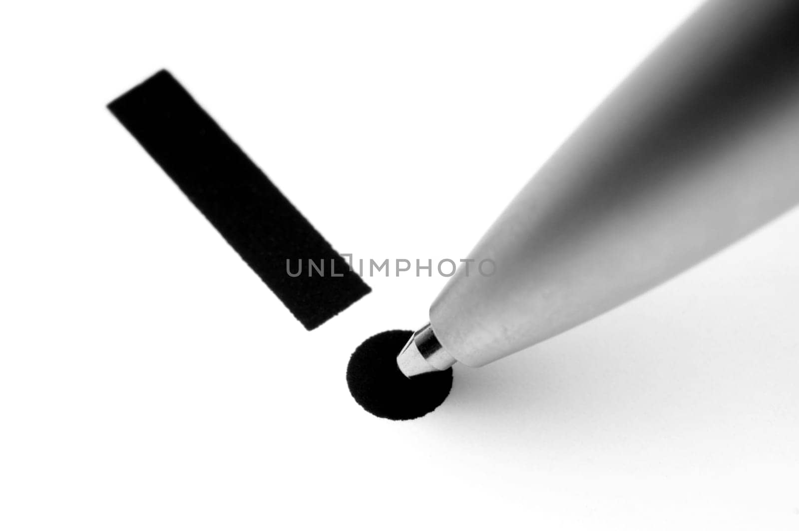 Exclamation sign with tip of pen, on white.
