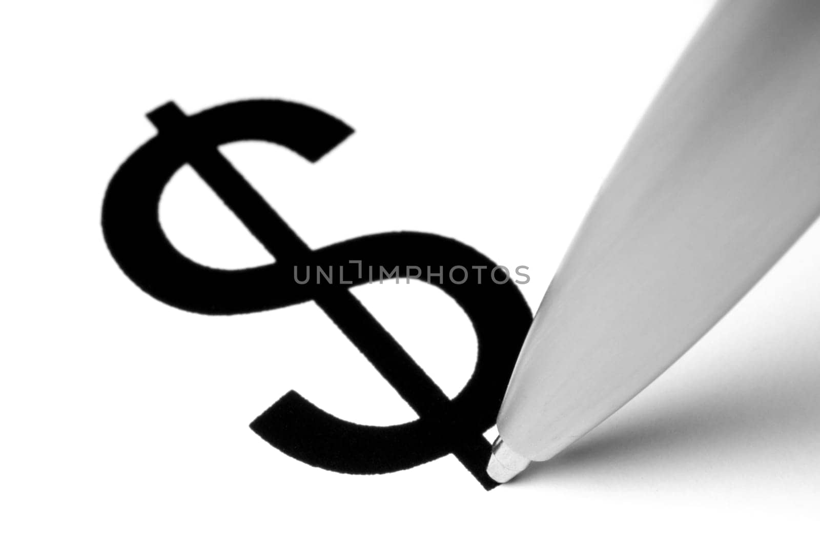 Dollar sign with tip of pen, on white.