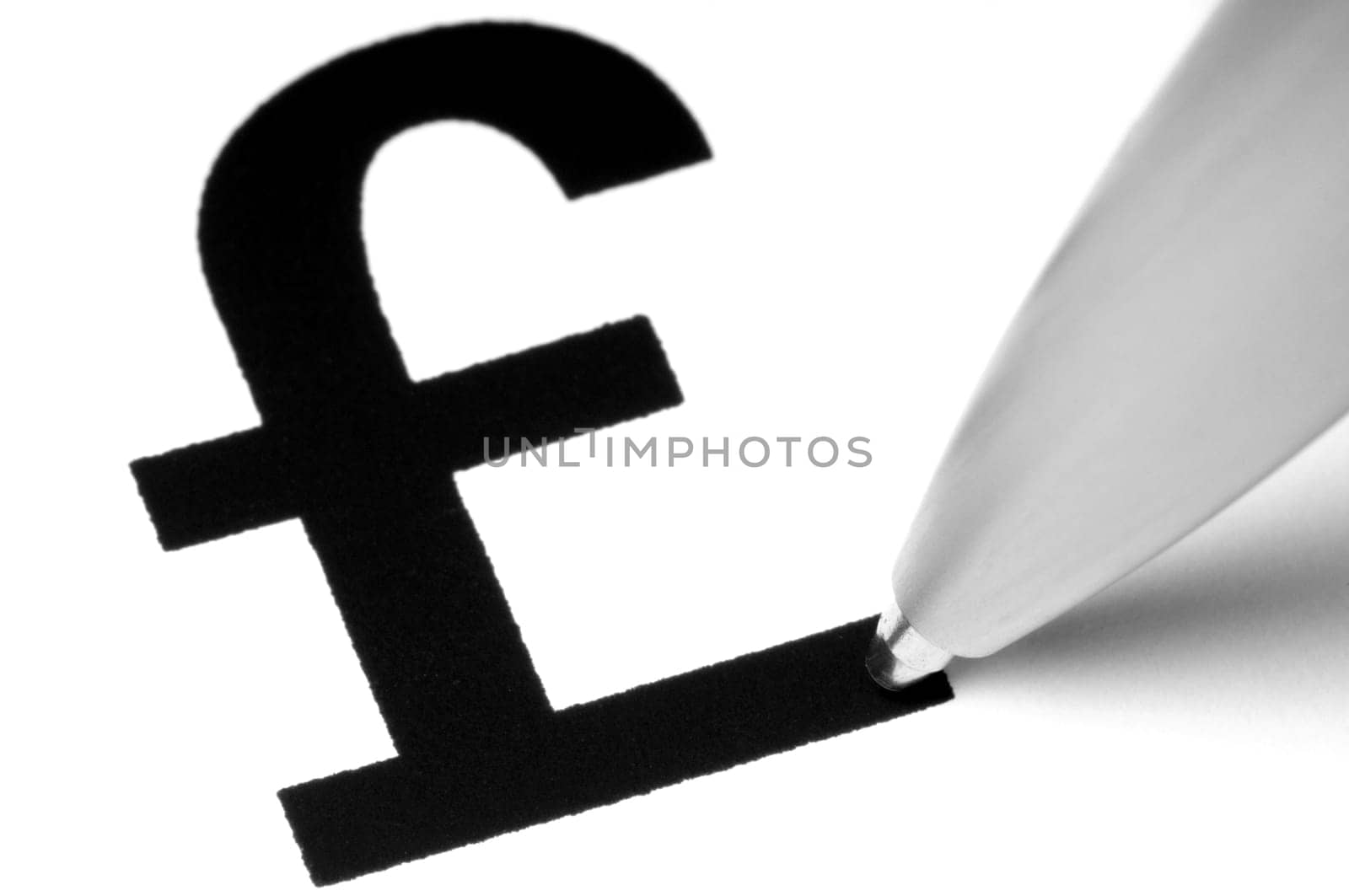 Sterling pound symbol with tip of pen, on white.