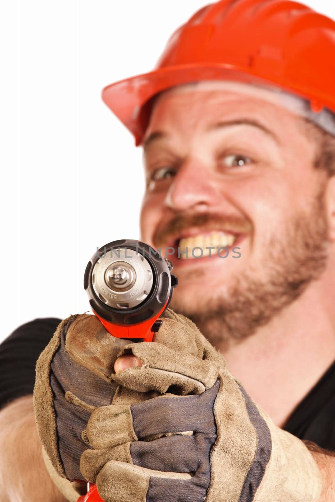 fine portrait of funny handyman isolated on white
