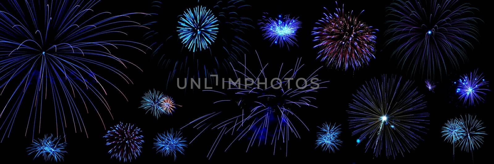 Large composition of blue tone fireworks over black background