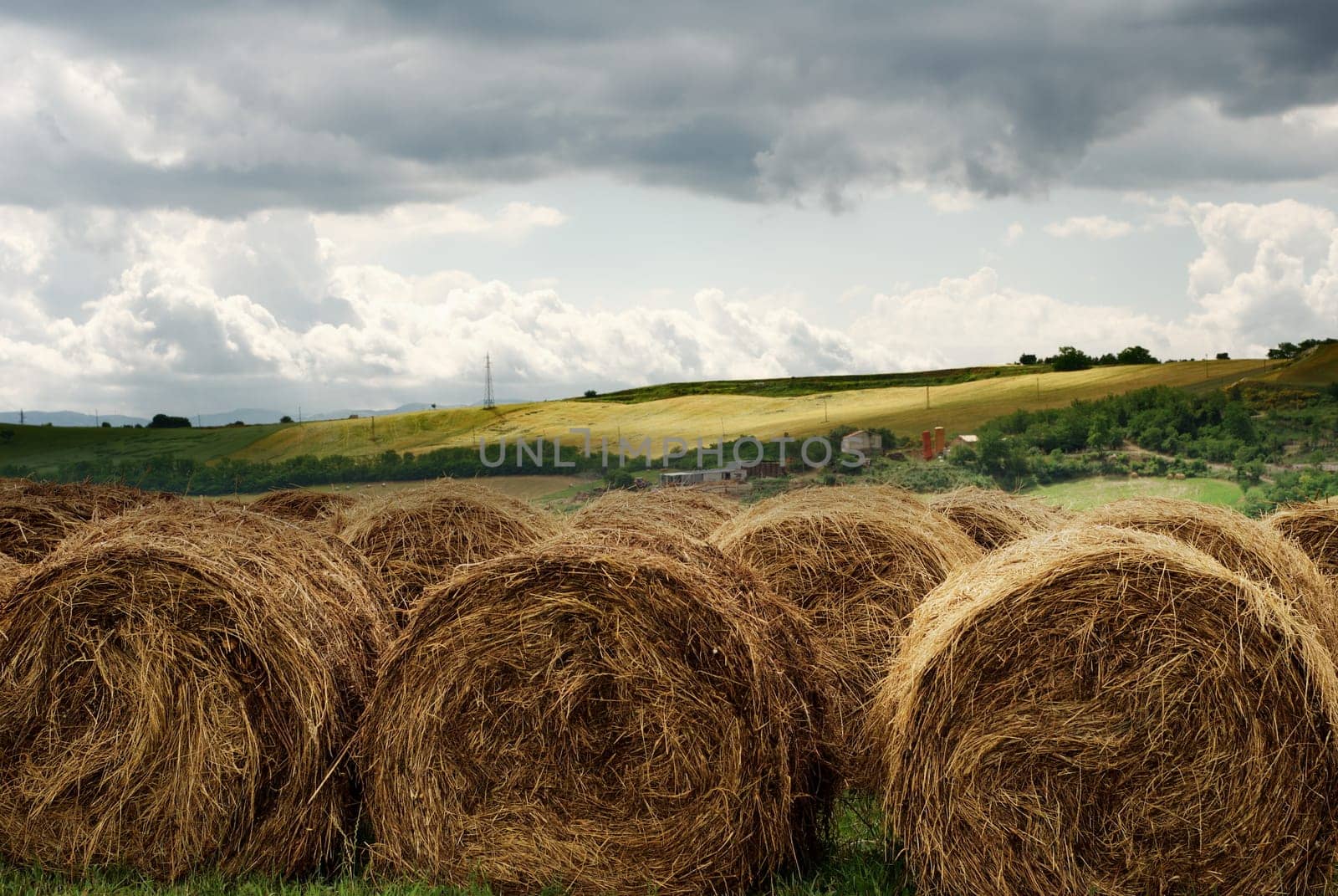 Rural landscape with row of large hay bales under grey stormy sky