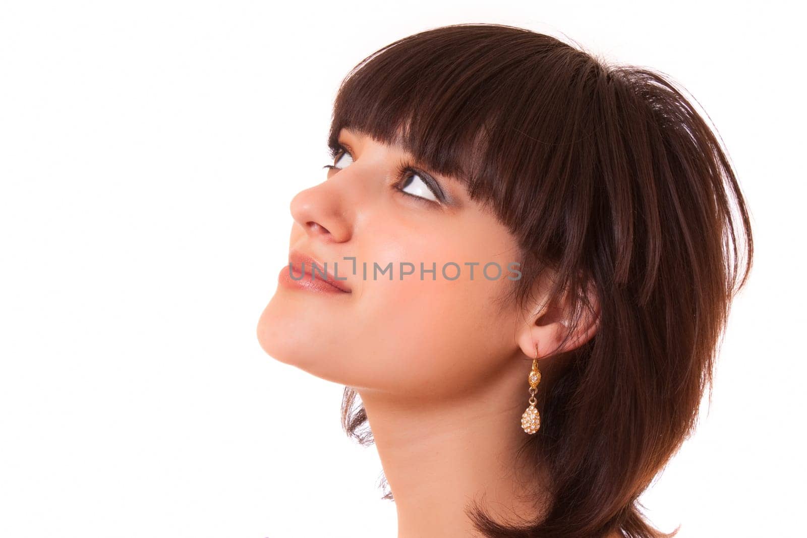 Sexy woman look up isolated on white