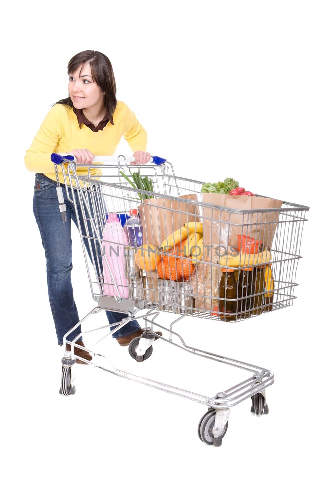 attractive brunette woman with shopping cart