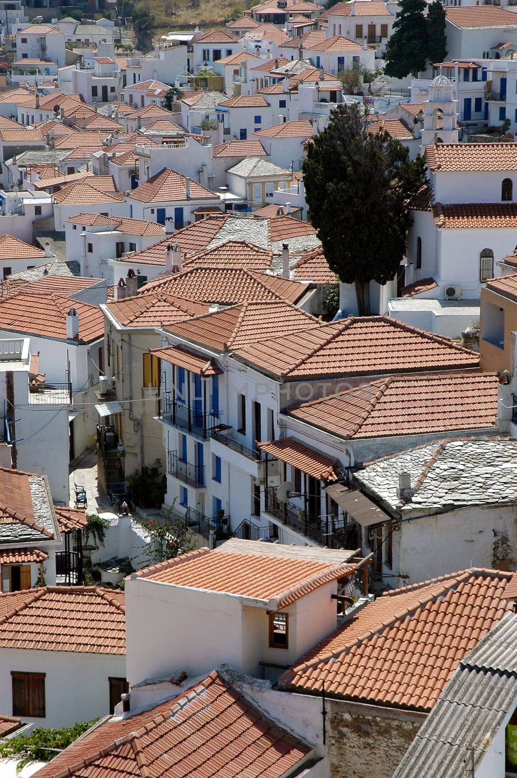 Little houses build very close to each other in the island of Skopelos Greece