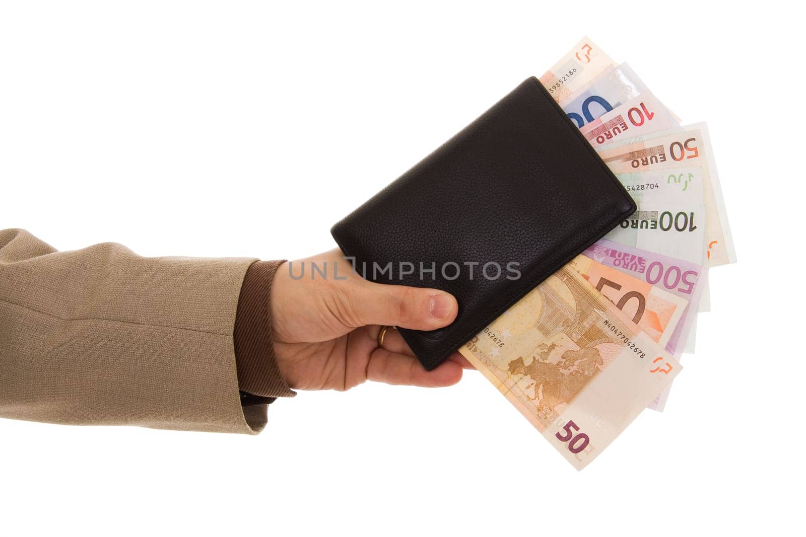 Hand holding a black wallet with many euro banknotes inside