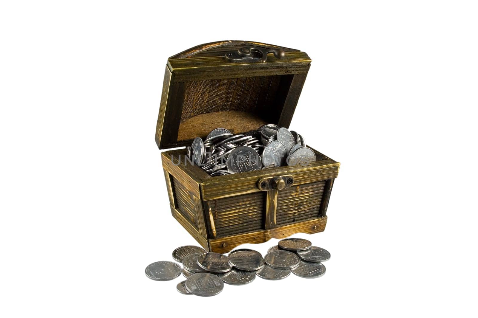 Brown chest with coins on white background