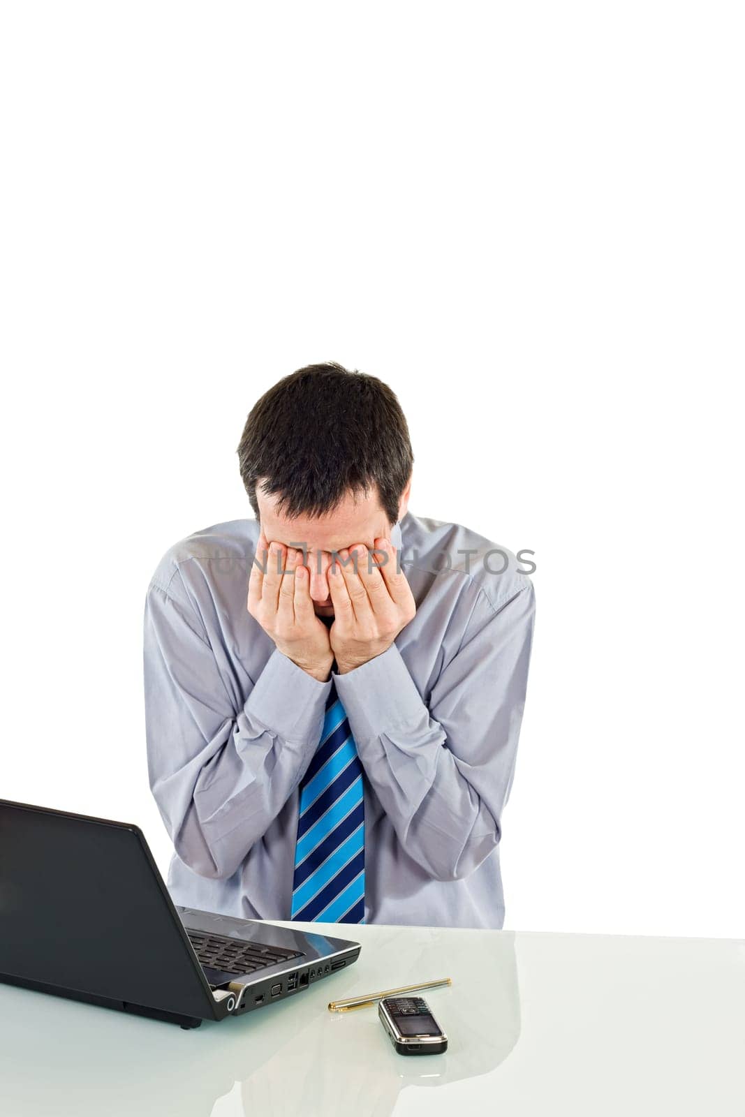 Fatigue businessman keeping his hands at eyes after hard working - isolated