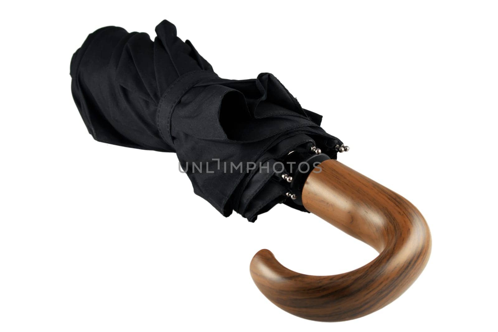 Black umbrella with brown handle isolated on white