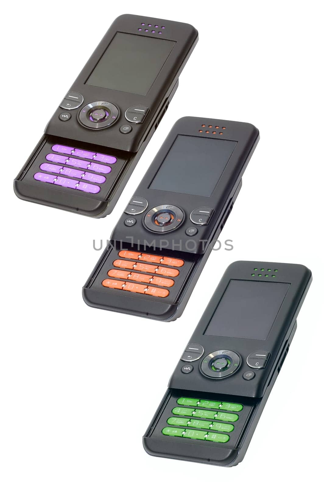 Three different color cell phones on white background
