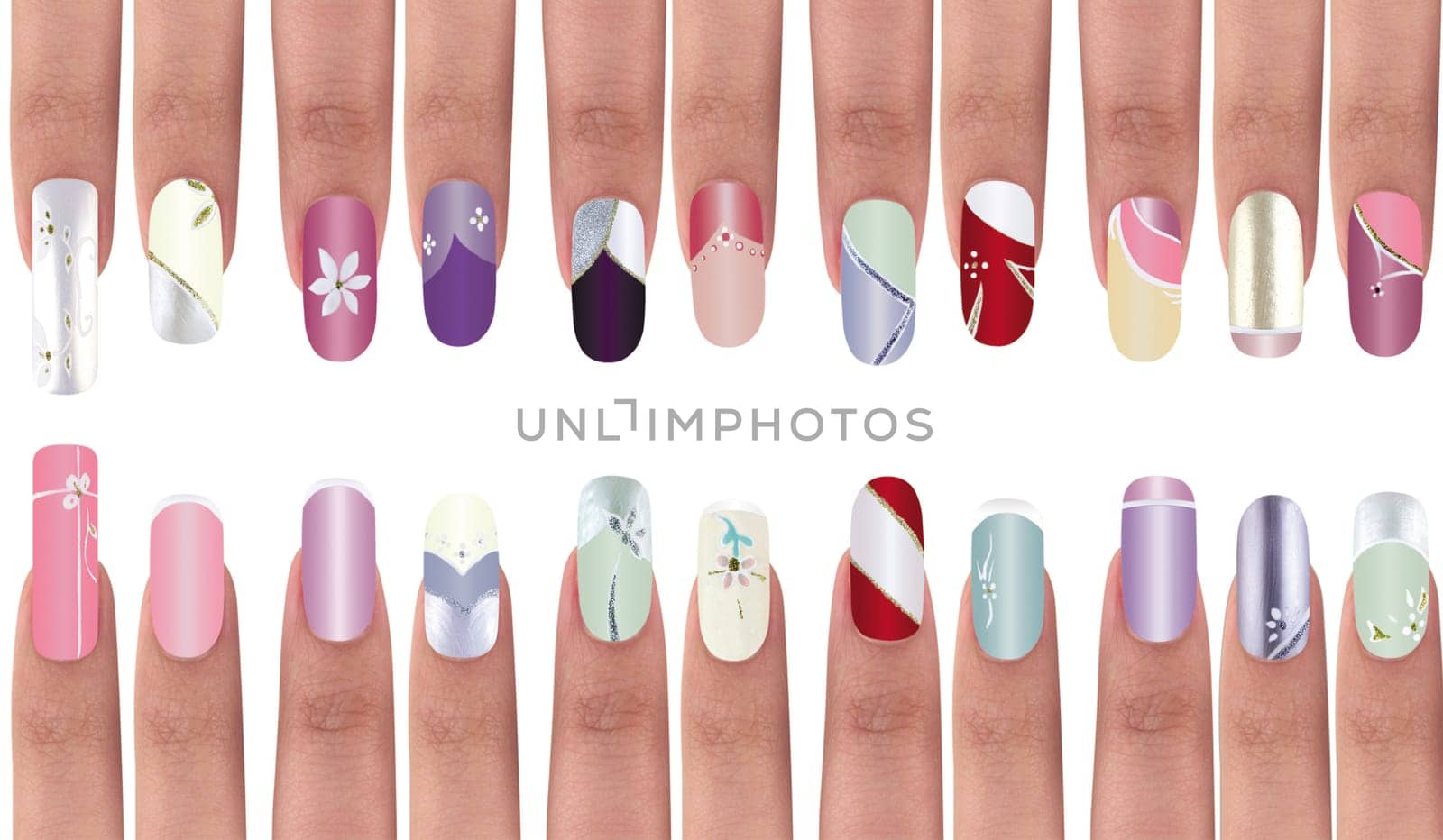 Variety of nail designs on fingers.