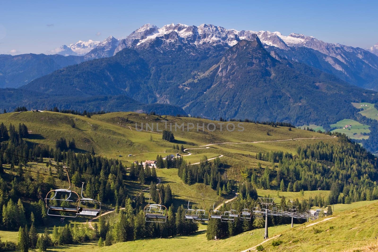 Ski lift under high mountains, Gosau Austria