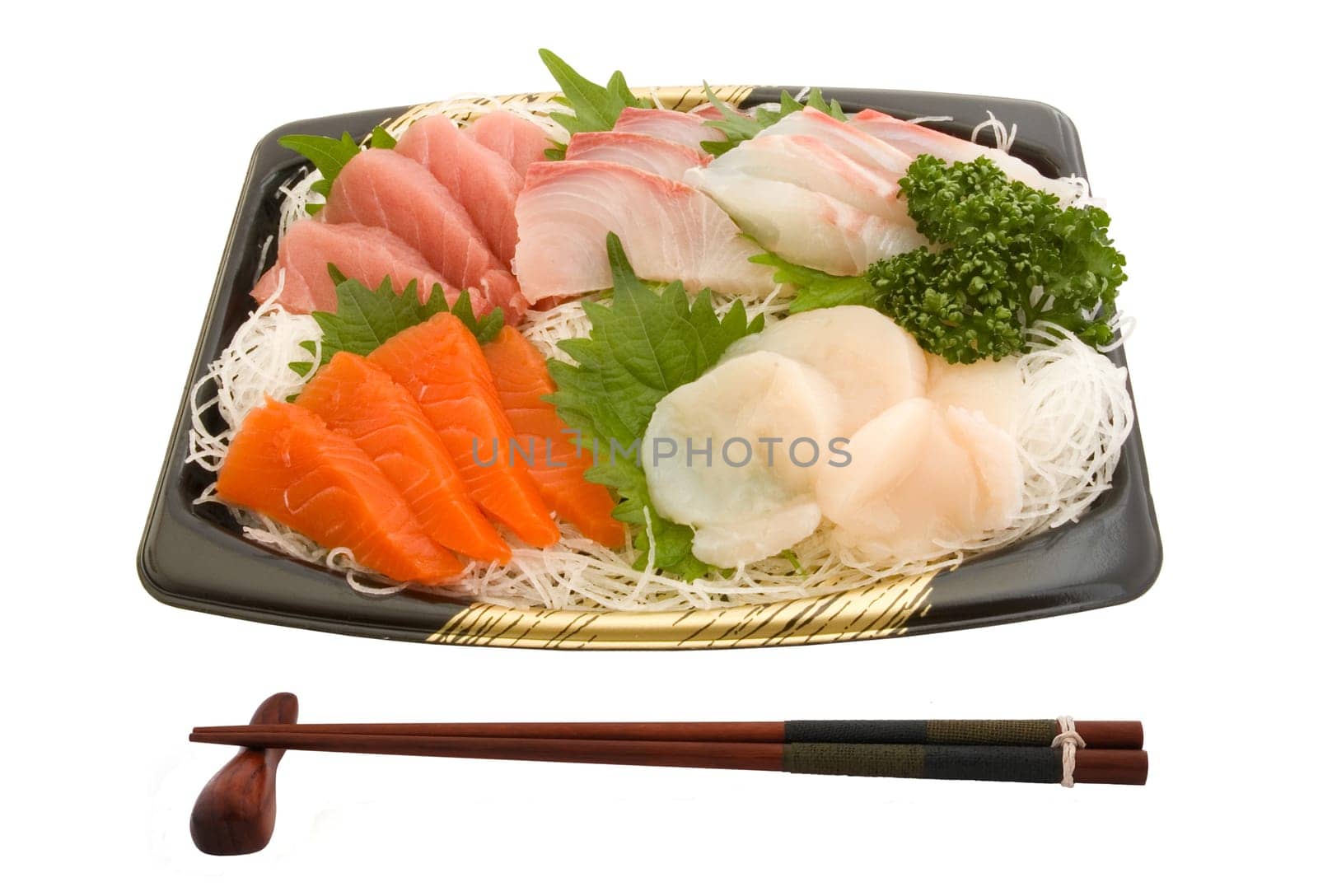 Sashimi and chopsticks isolated on white background