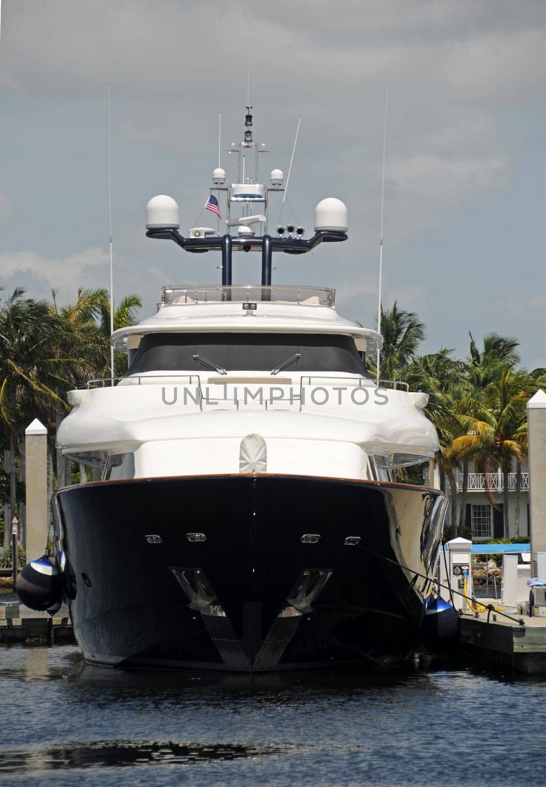 Front view of exclusive luxurious yacht in dock