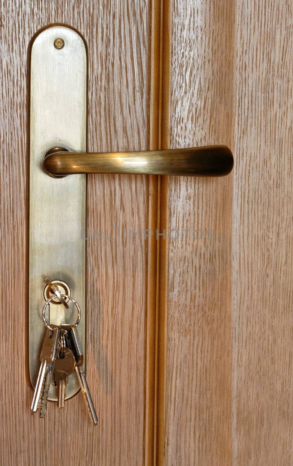 Door closed with keys in lock  a concept for home ownership and,too, for security.