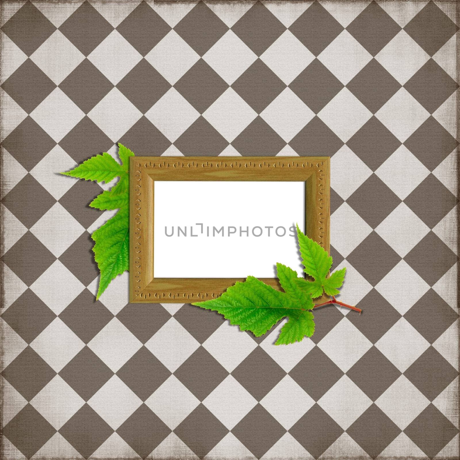 Simple scrapbook layout eith wood frame and green leaves