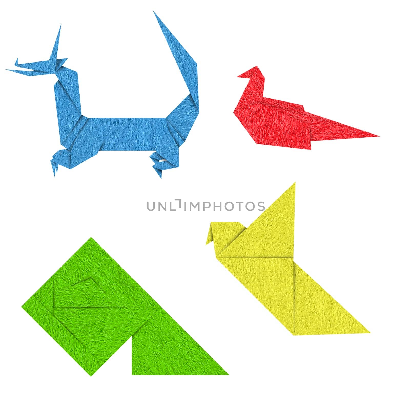 Colorful japanese origami-sparrow, dragon, fish and bird isolated on white background