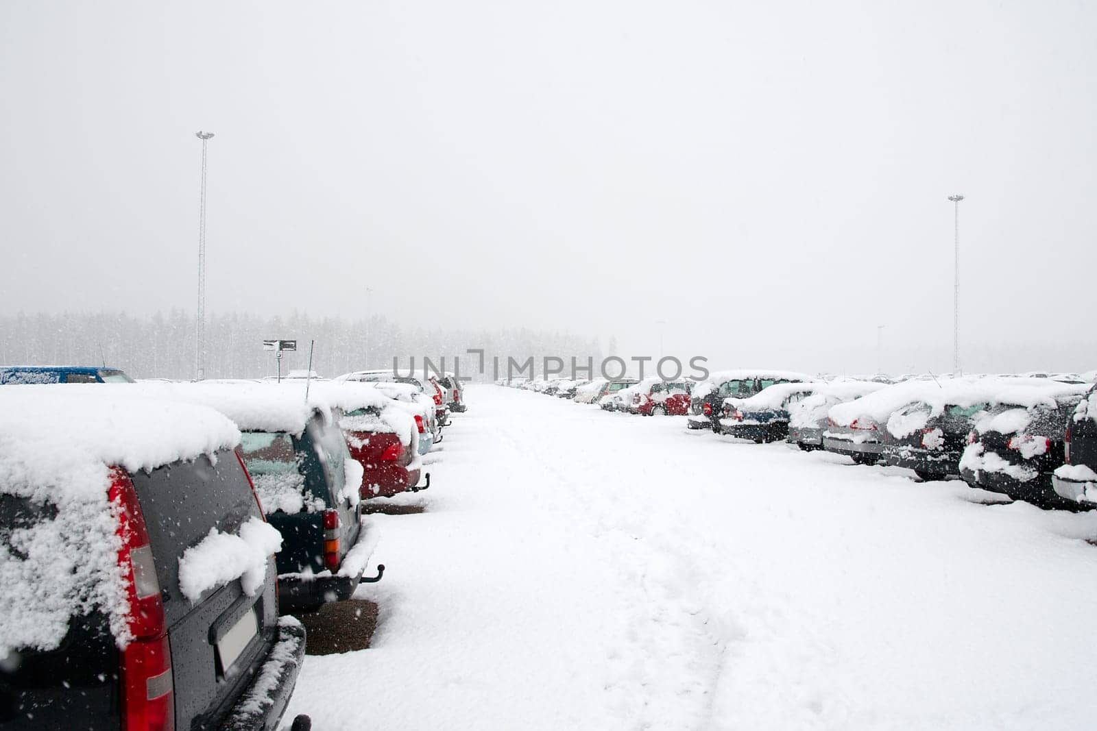 Cars in a parking lot getting covered by snow