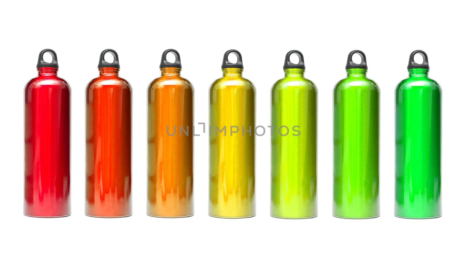 Aluminum bottles in different colors isolated on white