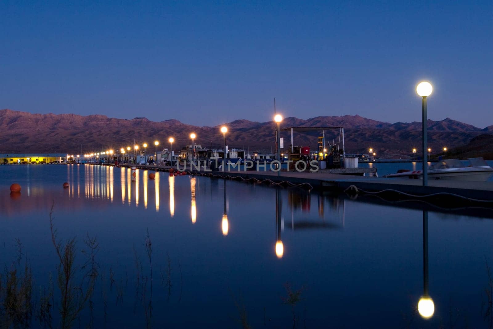A Marina at magic hour on lake mead.