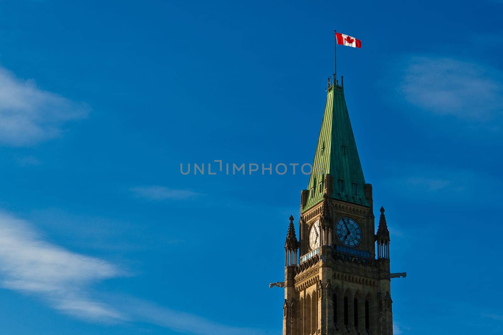 Top of the Canadian parliament clock tower under the wind