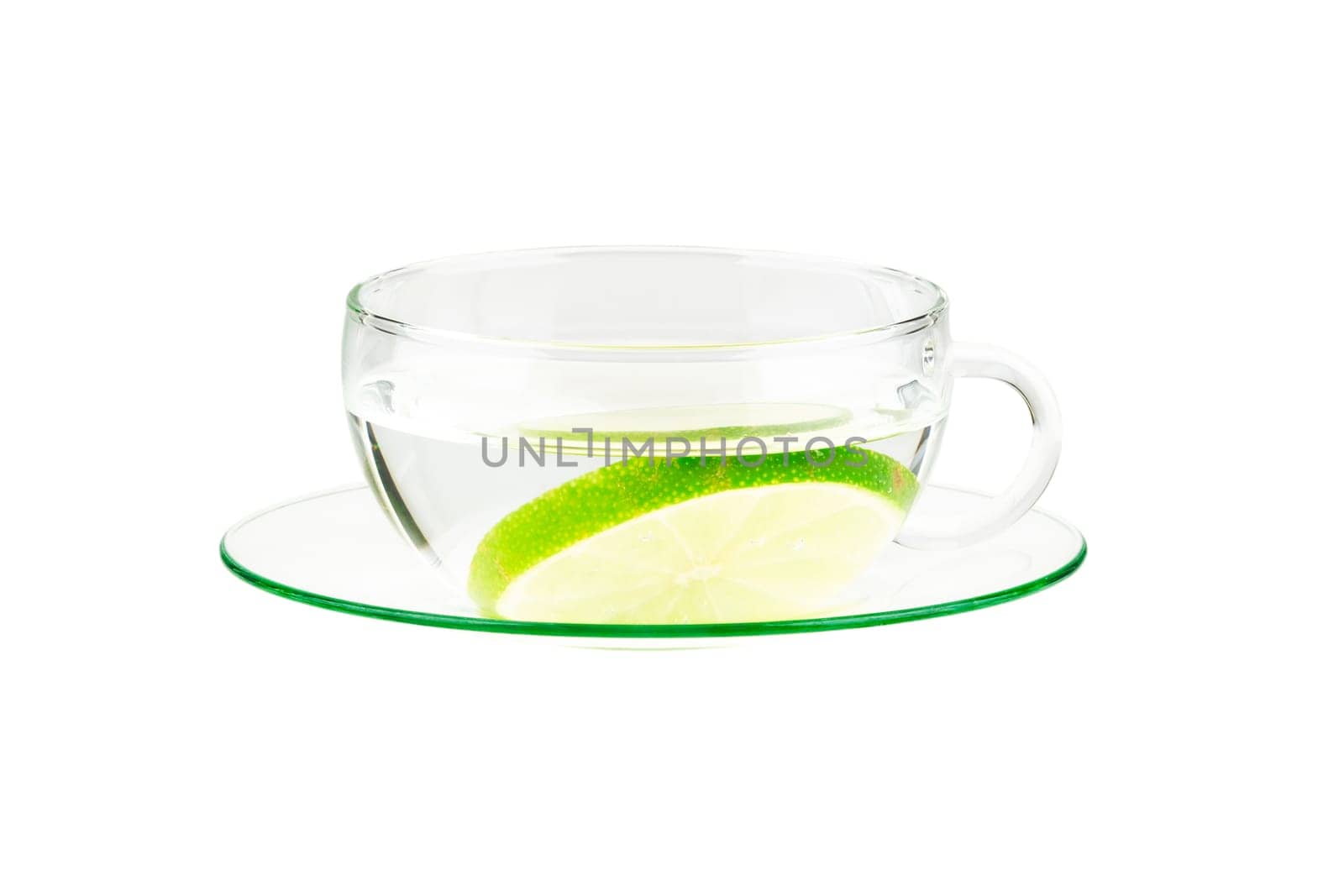 cup of water with lemon, isolated on white background