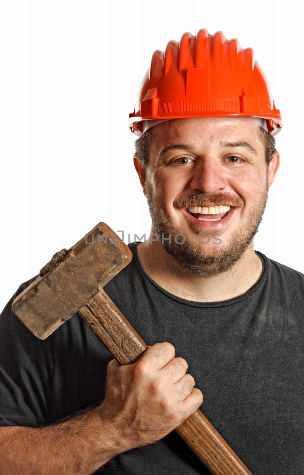 fine close up portrait of caucasian manual worker with hammer