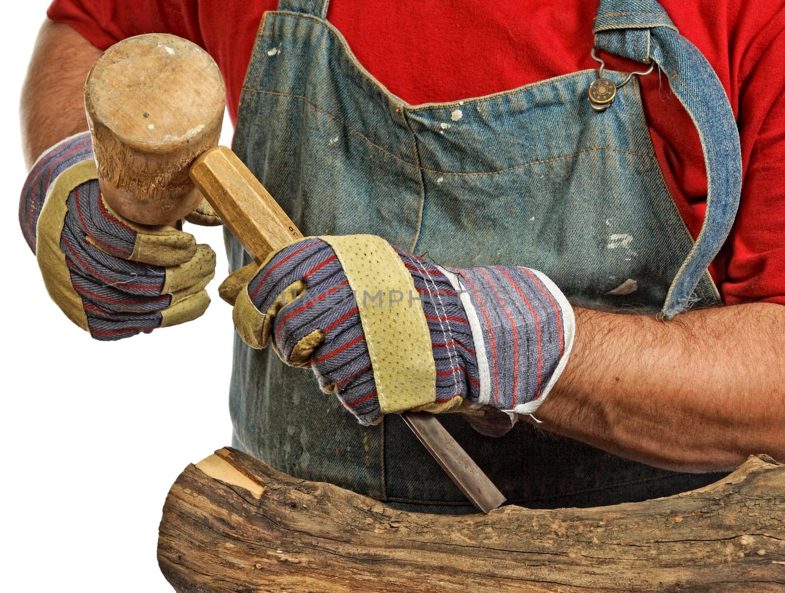detail of sculptor at work isolated on white
