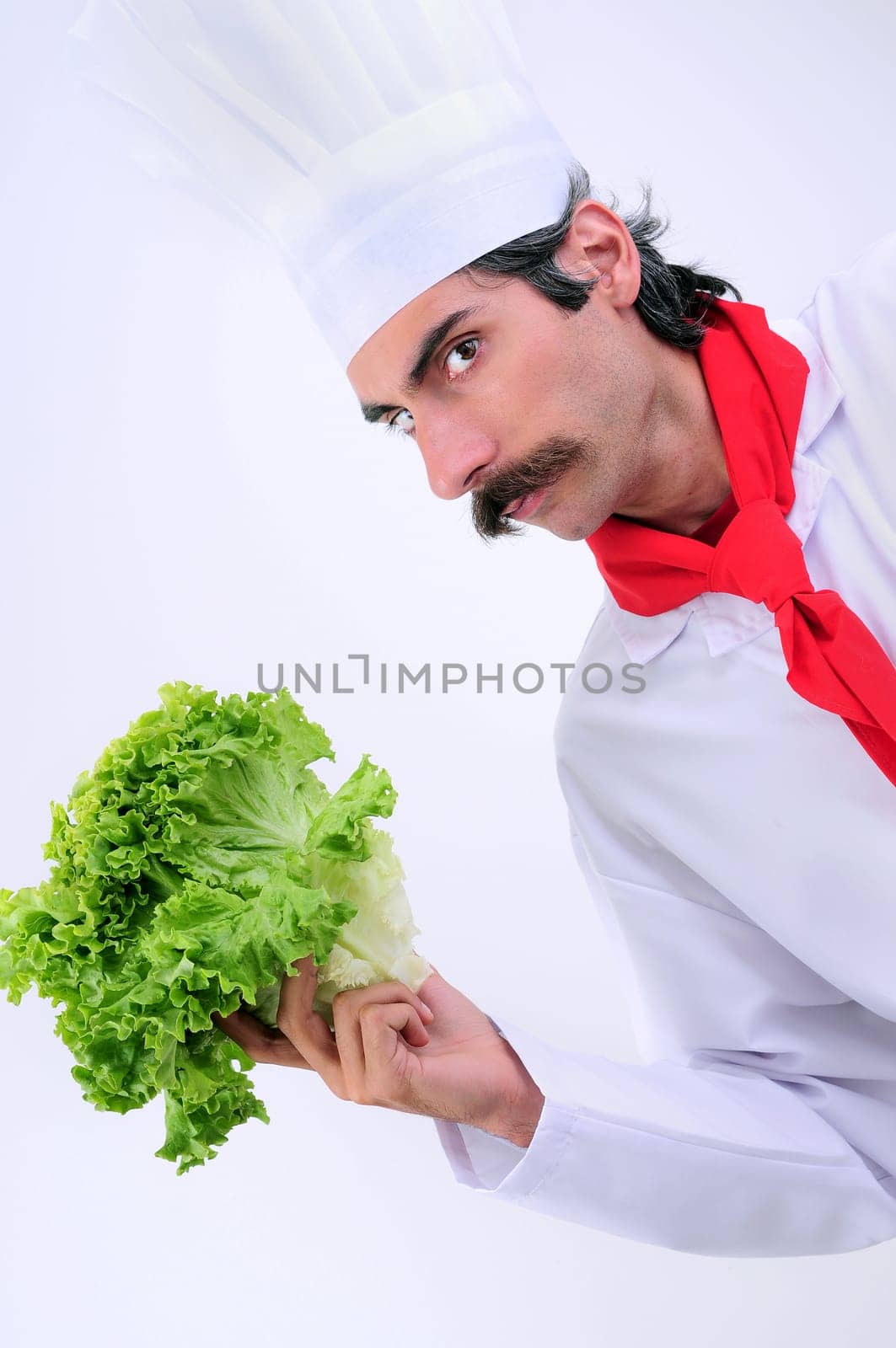 Serious looks Chef holding lettuce vegetable